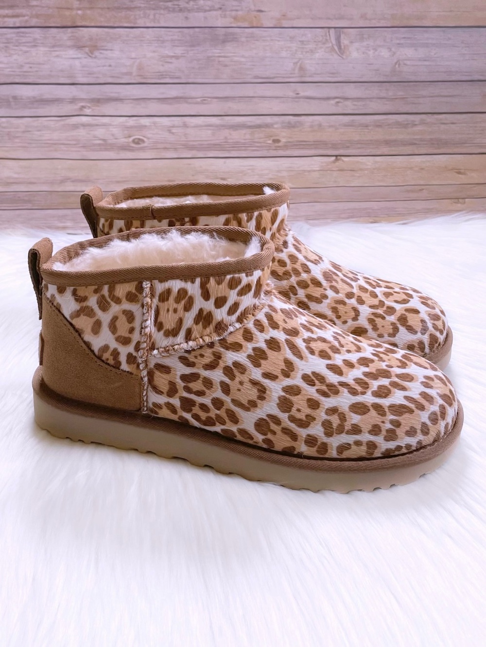 Ugg Women’s Classic Ultra Mini Plains Leopard Cow Hair Booties